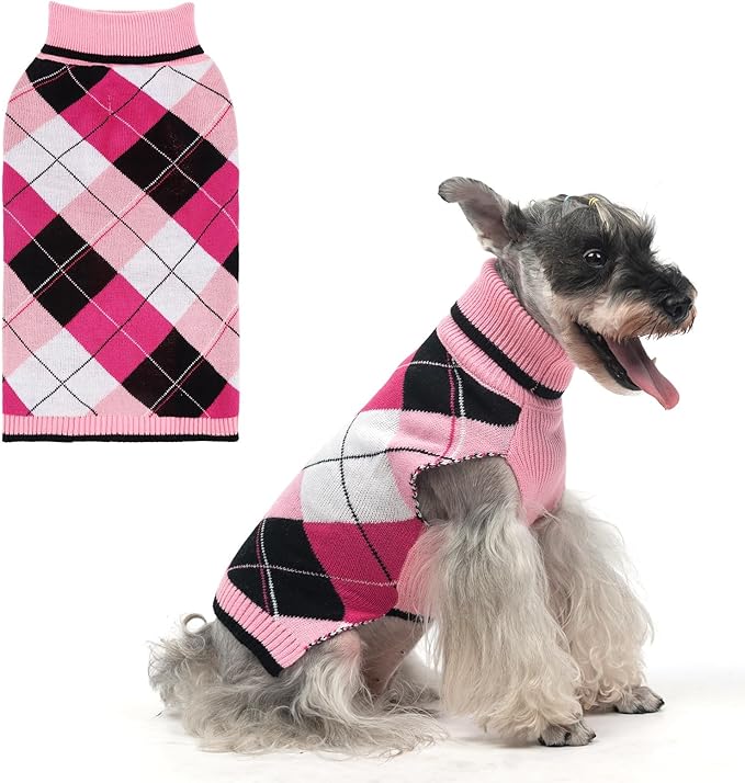 KOOLTAIL Dog Sweater Pet Knitted Clothes - Classic Plaid Pull Over Turtleneck Dog Sweaters with Leash Hole Warm Dogs Winter Clothing for Small Medium Dogs Cats Puppy ML