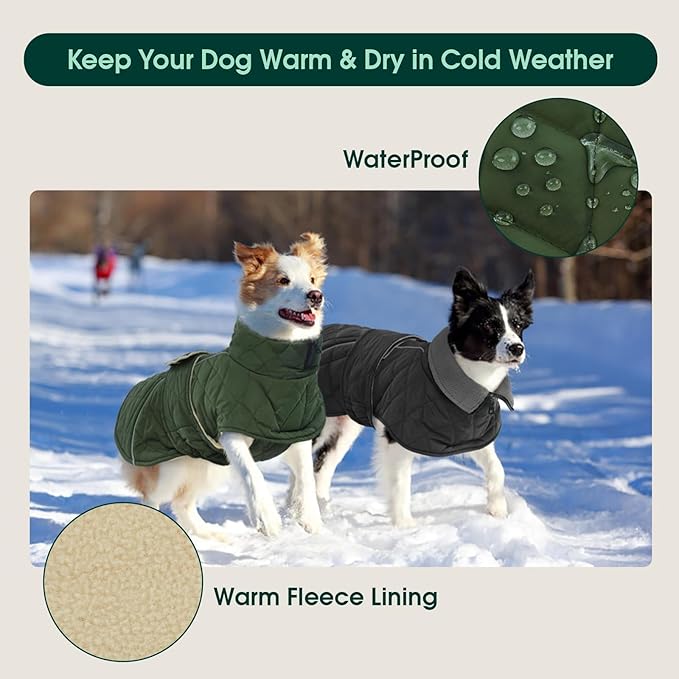 Kuoser Dog Coat, Super-Warm Dog Jacket Windproof Pet Cold Weather Coats for Extra Large Dogs, Fleece Lining Quilted Turtleneck Puppy Snowsuit Reflective Adjustable Doggie Winter Clothes, Green, 3XL