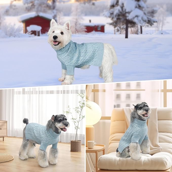 KYEESE Dog Sweater Stretchy Pet Coats, Soft Classic Cable Knit Dog Sweater for Small Dogs Turtleneck Small Dogs Sweaters with Long Sleeve for Cold Weather, Blue, Medium