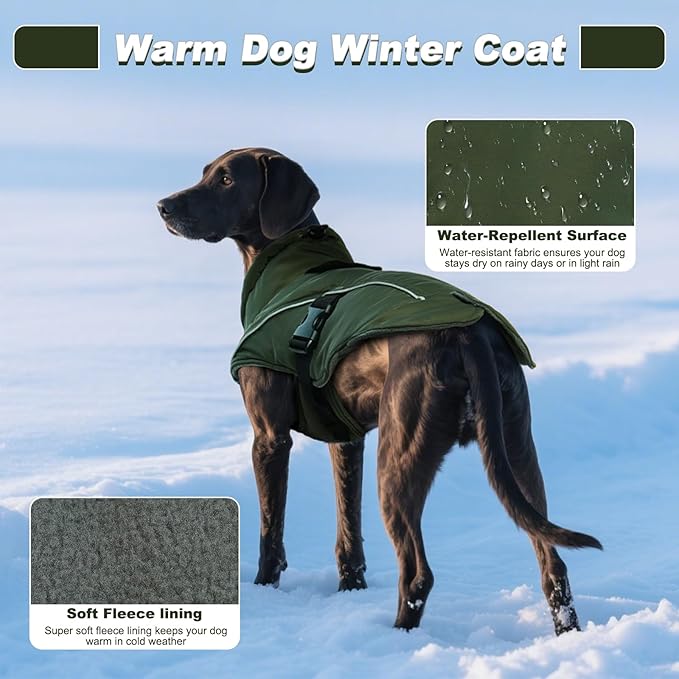 DENTRUN Winter Warm Dog Coat Reflective Jacket with Turtleneck for Cold Weather, Adjustable Buckle Windproof Water Repellent, Thick Snowsuit Fleece Vest for Small, Medium, Large Dogs, Green, XXXL