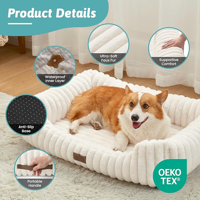 Orthopedic Dog Bed for Medium Dogs & Large Dogs - Washable Rectangle Pet Bed with Anti-Slip Bottom, Soft Calming Cat & Puppy Bed for Indoor Pets (35"x25"x8", Cream)