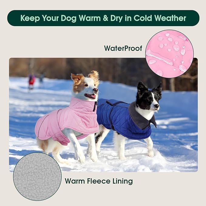 Kuoser Dog Winter Coat Waterproof Dog Snow Jacket, Warm Fleece Lined Pet Turtleneck Snowsuit Puppy Cold Weather Coats with Harness Hole, Adjustable Winter Vest for Medium Large Dogs, Pink, L
