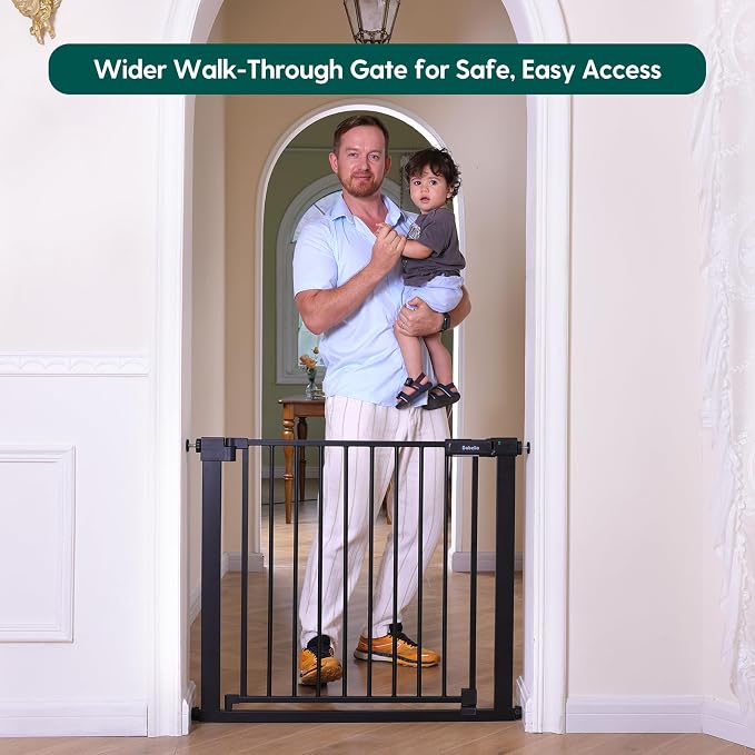 Babelio 36-56" Extra Wide Baby Gate for Stairs No Drilling, PressGuard II | Pressure/Wall Mount, Dual Lock with Indicator, Auto Close, Heavy Duty, Easy Install for Doorways, Kitchens, Hallway, Black