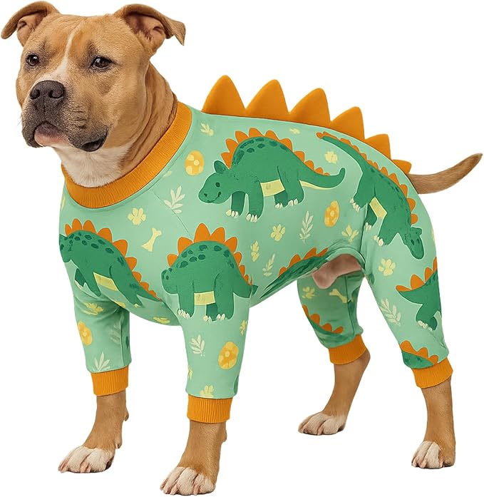 LovinPet Large Dog Pajamas, Four-Leg Stretch Onesie Bodysuit, Lightweight UV-Shielding Pajamas, Anti-Lick Calming Recovery Suit for Surgery, Pull-On for Medium and Large Breeds,Green Orange,XL