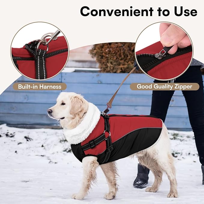 Queenmore Winter Dog Jacket with Harness Built-in, Fleece Padding Coat for Small Dogs, Cold Weather Snowsuit Parka Jacket - Extra Warm, Waterproof, Reflective, Easy On, Adjustable - Red/Black S