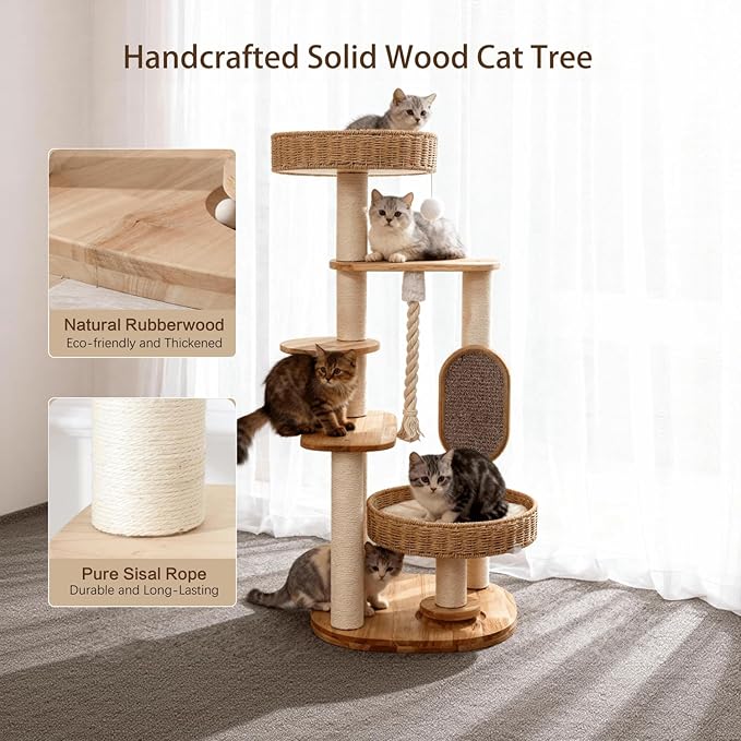 JLDUQKUM Wooden Cat Tree for Large Cat, Tall Cat Tower with Scratching Post for Indoor Cats, Multi-Level Cat Condo with Hand-Woven Cat Bed and Scratching Board Easy to Clean (48IN)