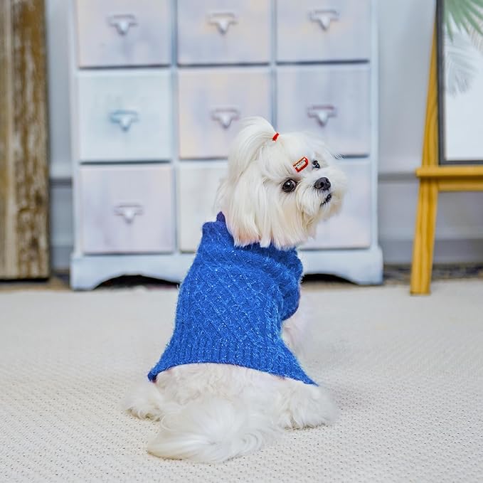 Turtleneck Small Dog Sweaters - Classic Cable Knitwear Winter Coat for Small Medium Dogs Male Female Puppy Dog Cold Weather Clothes Girls Boys, Blue, S