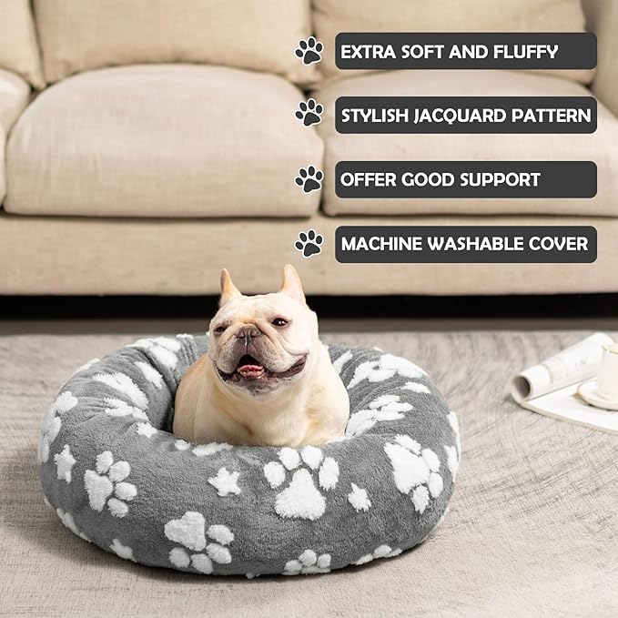 Yaning Donut Dog Beds for Small Dogs, Calming Round Cat Beds for Indoor Cats, Cute 3D Textured Paw Pet Bed with Removable Washable Cover and Anti-Slip Bottom（Grey，20"）