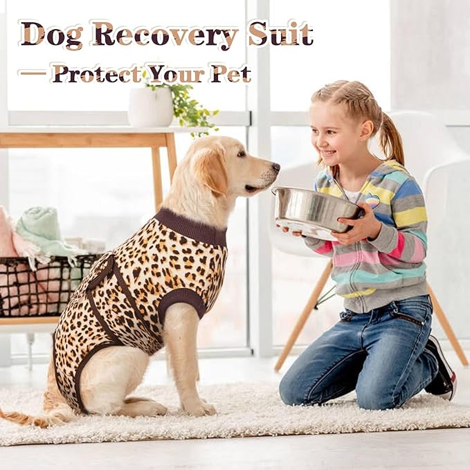 Kuoser Dog Recovery Suit Female, Soft Puppy Surgery Suit, Dog Recovery Suit After Surgery, Post-Op Onesie for Female & Male Dogs, Soft Protective Wear, BrownLeopard S