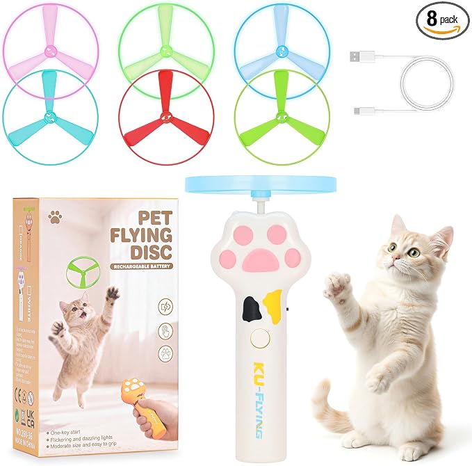 Cat Fetch Toy, Flying Disc Launcher with 6 Flying Discs