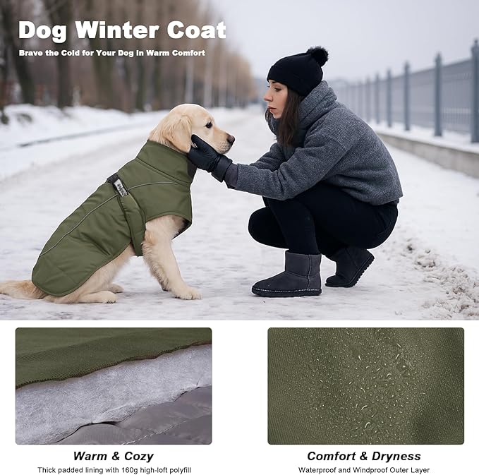 DoggieKit Dog Winter Coat, Waterproof Warm Jacket with Harness Built in, Reflective Cold Weather Doggie Vest, Windproof Turtleneck Pet Snowsuit, Adjustable Puffer Jacket for Medium Dogs, Green XL