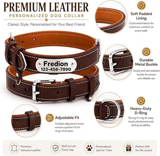 Personalized Leather Dog Collar with AirTag Holder Case, Custom Engraved Nameplate Dog Collar, Adjustable Genuine Leather Soft Padded Dog ID Collar for X-Small Small Dogs-Brown Padded-S