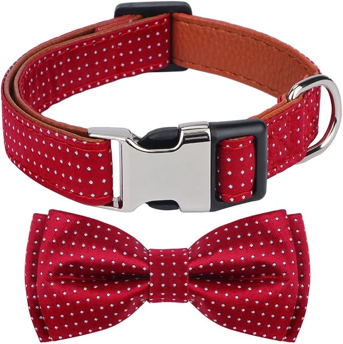 Dog Collar with Bow Tie for Girl or Boy Gift Soft Durable Bowtie Red Dot Medium