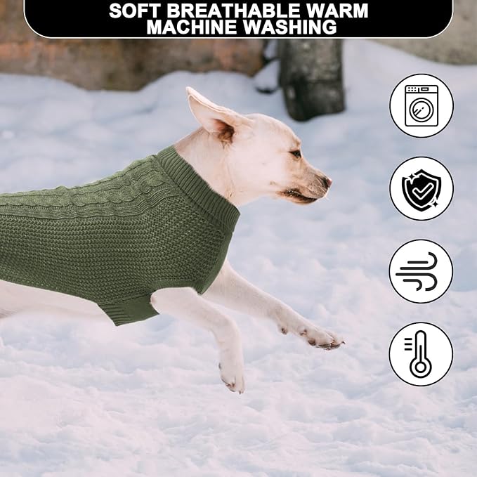 Small Dog Sweater, Classic Cable Knit Warm Dog Sweatshirt with Reflective Yarn for Girl Boy, Halloween Fall Winter Coat Turtleneck Pullover Clothes Apparel for Small Medium Large Dogs, Green S