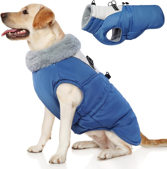 ROZKITCH Dog Jacket for Cold Weather, Dog Coat for Autumn Winter with Turtleneck, Pet Clothes with Adjustable Buckles, Soft Warm Pet Clothing with Reflective Strip for Medium Large Dogs Blue L
