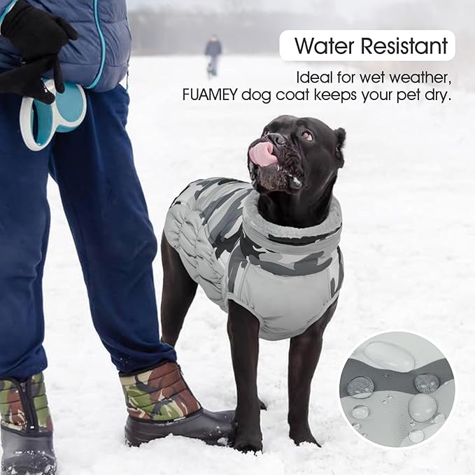 FUAMEY Dog Coat for Small Dogs,Waterproof Dog Winter Jacket with Harness Built in Puppy Cold Weather Coats Reflective Pet Vest with Zipper Warm Fleece Dogs Snowsuit Windproof Grey Camo S