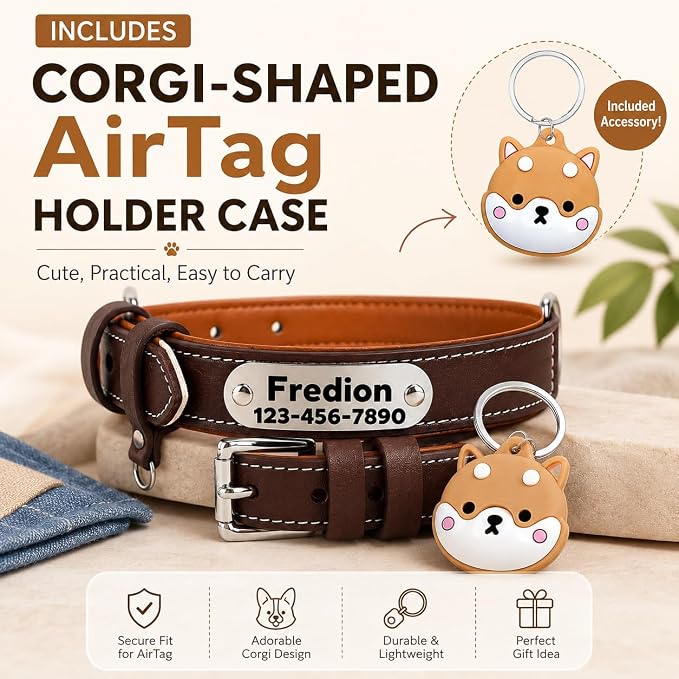 Personalized Leather Dog Collar with AirTag Holder Case, Custom Engraved Nameplate Dog Collar, Adjustable Genuine Leather Soft Padded Dog ID Collar for Medium Large X-Large Dogs-Brown Padded-XL