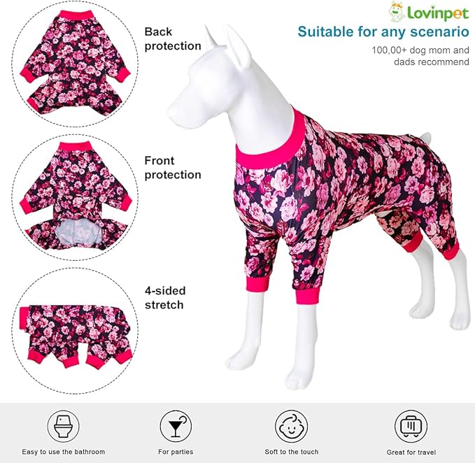 LovinPet Dog Pjs Pitbull Boy - Pet Anxiety Relief Onesies, Sun Protection Dog Shirt, Comfy Stretchy Fabric, Berry Roses Print, Big Dog Surgery Recovery Pajamas, Pitbull Clothes, Pink L