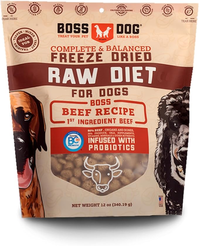 Boss Dog Complete & Balanced Freeze Dried Raw Diet for Dogs, Beef Recipe, 12 oz Bag