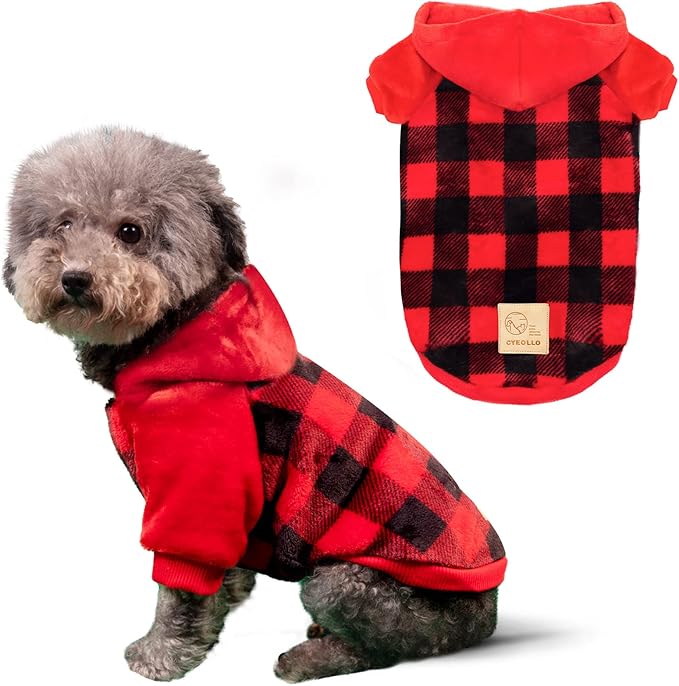 cyeollo Dog Sweater Christmas Coat Dog Flannel Sweatshirt Doggie Hoodie Puppy Winter Clothes Buffalo Plaid Dogs Coats for Small Dogs Pet Apparel