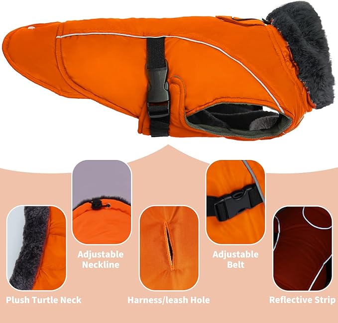 DENTRUN Winter Warm Dog Coat Reflective Jacket with Turtleneck for Cold Weather, Adjustable Buckle Windproof Water Repellent, Thick Snowsuit Fleece Vest for Small, Medium, Large Dogs, Orange, XXXL