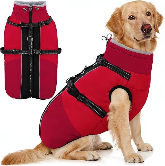 AOFITEE Dog Coat, Windproof Turtleneck Dog Jacket with Built in Harness, Reflective Dogs Jackets with Fleece Lining, Waterproof Pet Winter Coat for Cold Weather for Border Collie, Beagle, Red XL