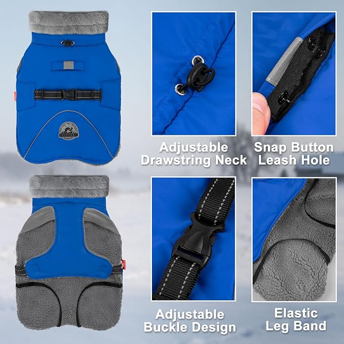 KYEESE Waterproof Dog Coat, Windproof Warm Winter Jacket with Thick Fleece Lined, Cozy Turtleneck Dog Coats for Large Dogs with Leash Hole, Reflective Outdoor Cold Weather Coat, Blue, XXX-Large