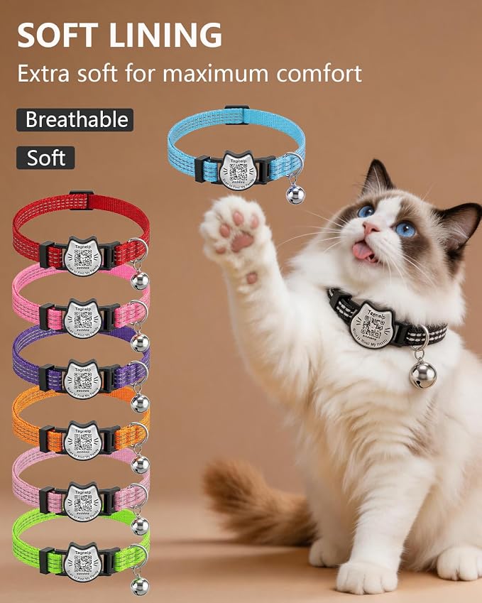 Breakaway Cat Collar with QR Code Tag and Bell (Blue & Orange) | Reflective Nylon, Quick-Release Buckle