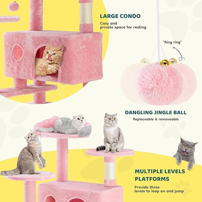Aidoly Cat Tree 54 Inch, Multi-Level Cat Tower with Condo, Perches, Sisal Scratching Posts and Climbing Ladder, Pet Play Toy Balls House for Indoor Cats, Pink