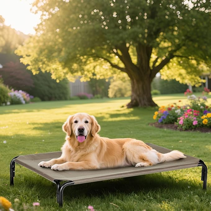 PVY Elevated Dog Bed for Outdoor, XXL Raised Dog Cot Indestructible with Washable Mesh, Cooling Summer Pet Cot Chew Proof for Outside Camping Travel, 51 inch Brown