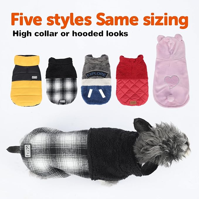 FOFOS Dog Winter Coat, Plush Dog Jacket with Leash Hole, Adjustable Warm Pet Snow Vest for Small Medium Dogs, Black, M