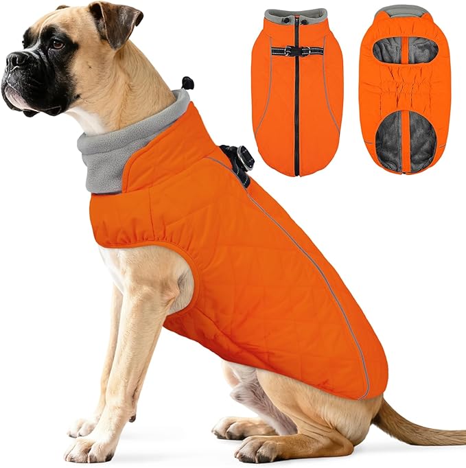 QBLEEV Dog Coat for Large Dogs, Winter Warm Fleece Vest, Waterproof & Windproof with Adjustable Fit, Built-in Harness, Reflective Trim & Zip-Up for Safe Cozy Walks — Orange, XL, for Pitbull, Boxer