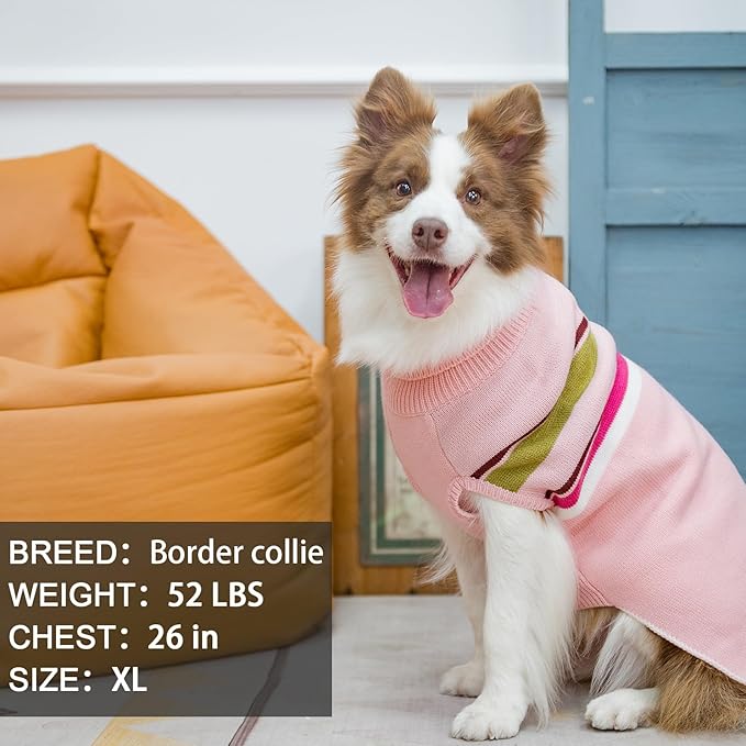 PAWCHIE Dog Sweater - Warm Turtleneck Coat for Large Dogs, Girls & Boys, Stretchy Knitted Outfit with Leash Hole, Pink L/XL