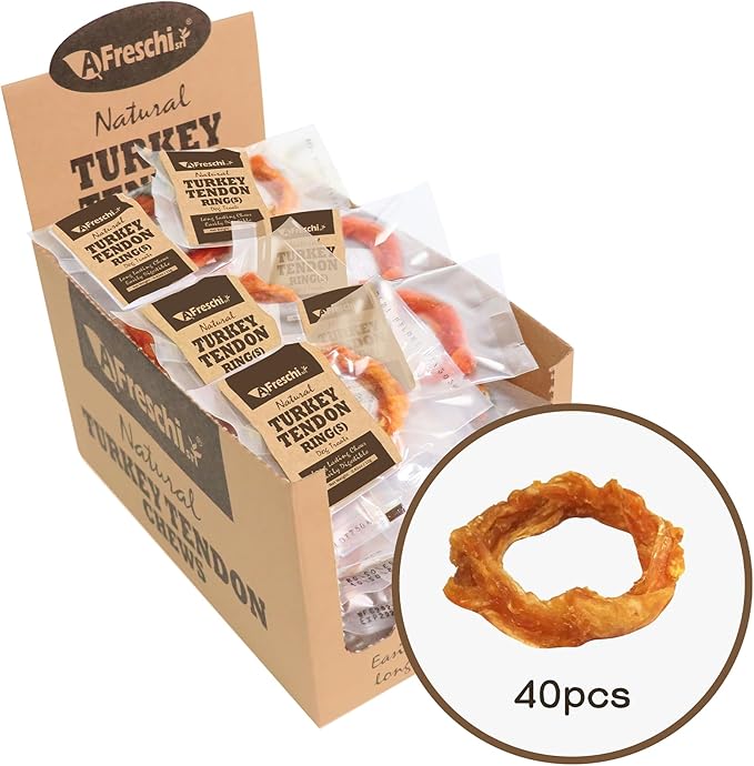 A Freschi srl Turkey Tendons for Dogs, Long-Lasting, Hypoallergenic Rawhide Alternative, Human Grade, Healthy Puppy Chews, Natural Dog Treats for Small Dogs, Ring (S), 40 Count Box