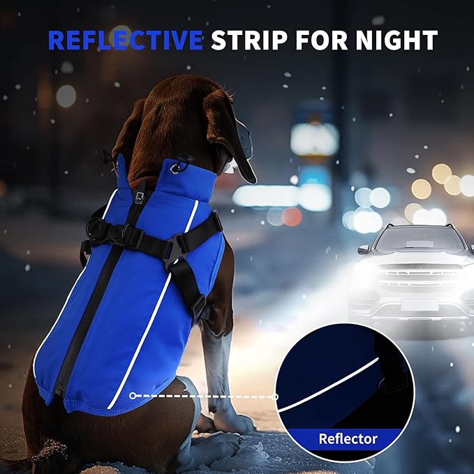 Dog Winter Coat Reflective Water-Resistant Jacket, Fleece Lined Windproof Puppy Coat with Back Zipper & D-Ring, Cold Weather Dog Coats for Small Medium Dogs (L, Blue)