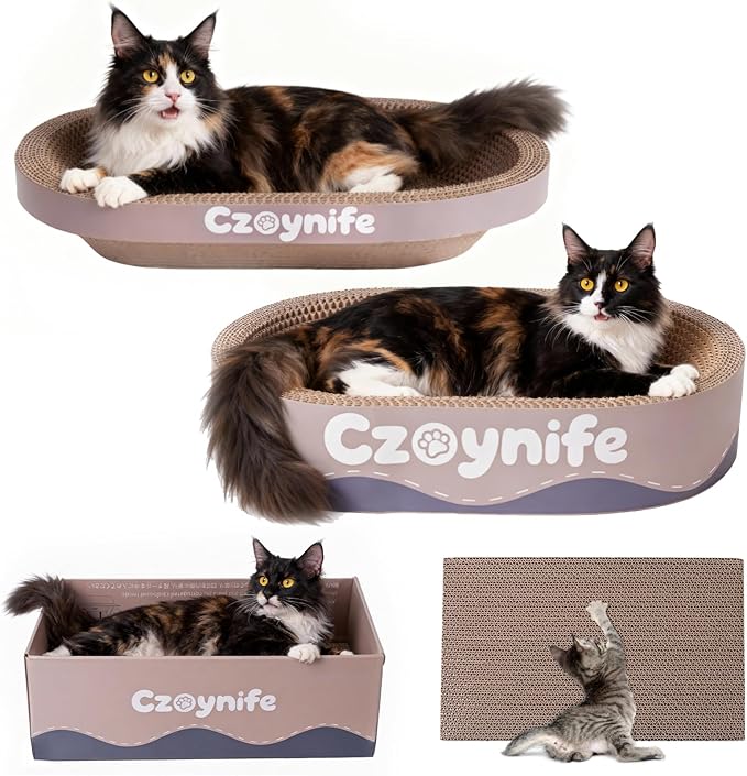 Czoynife 3PCS Cat Scratcher Cardboard, Oval Cat Scratch Pad Bowl Nest for Indoor Cats, Round Cat Scratching Board Corrugated Lounge Cat Bed, Furniture Protector for Couch (Coffee, 17 * 11.5 in)