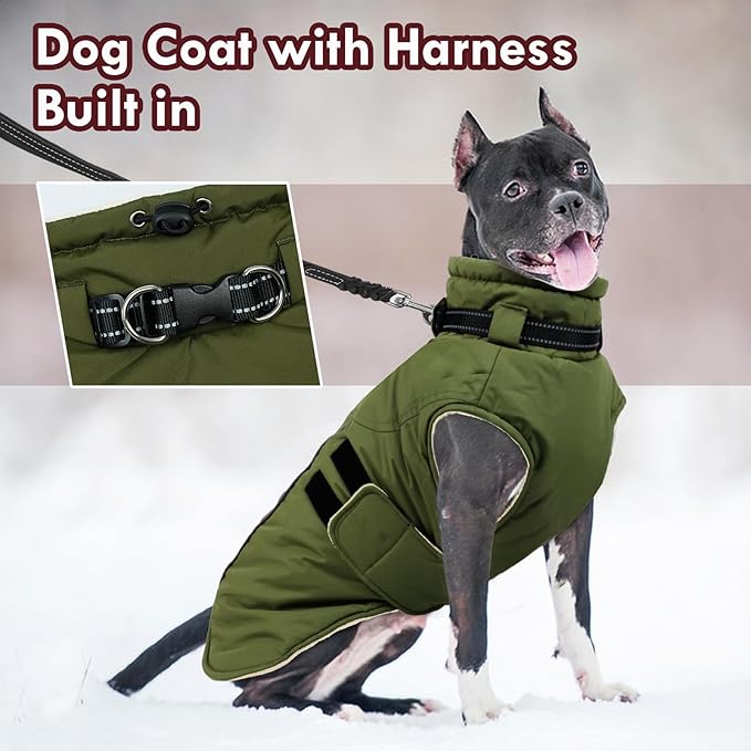 Large Dog Jacket, Waterproof Winter Coat with Harness Built in, Reflective Adjustable Hook&Loop Dog Snowsuit Cold Weather, Warm Snow Coat for Dogs French Bulldog, L Green