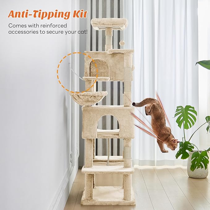Aidoly Large Cat Tree 66 Inch, Multi-Level Tall Cat Tree Tower with Condo, Perches, Sisal Scratching Posts and Hammock, Pet Play House with Dangling Balls for Indoor Cats, Beige