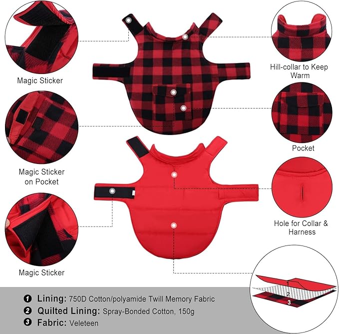 ASENKU Dog Winter Coat, Fleece Doggie Jacket Plaid Reversible Vest Waterproof Windproof Cold Weather Clothes for Small Medium Large Dogs(XS, Red)
