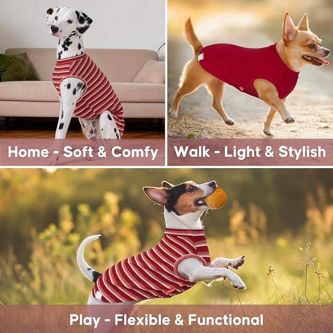 KYEESE 2Pack Waffle Dog Shirts for Small Dogs Stretchy Dog T-Shirts Lightweight Pet Tank Top Sleeveless Striped Pet Shirt Vest Breathable Cat Shirt, Small, Red+Striped