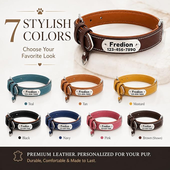 Personalized Leather Dog Collar with AirTag Holder Case, Custom Engraved Nameplate Dog Collar, Adjustable Genuine Leather Soft Padded Dog ID Collar for X-Small Small Dogs-Brown Padded-S