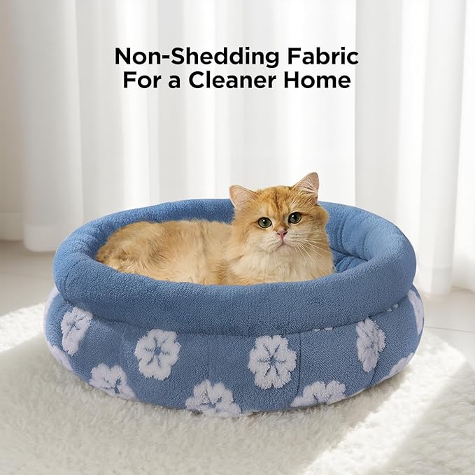 BALANCE Cat Beds for Indoor Cats, Washable Round Cat Bed, Cute 3D Flower Kitten Bed with Anti-Slip Bottom for Puppy and Kitten, 20 Inches, Blue