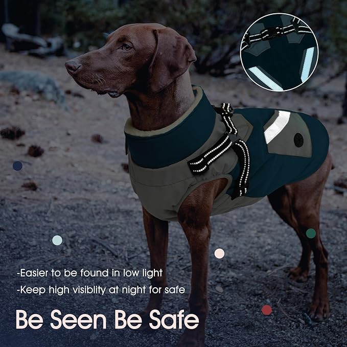 IECOii Large Dog Coat with Harness Built in Waterproof Windproof Dog Winter Coat, Fleece Lined Zip Snow Jacket for Dogs Thermal Outdoor Snowsuit Cold Weather Jackets Bulldog, Turquoise Green,L