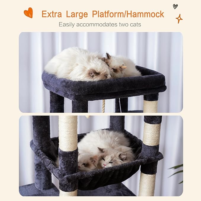 Heybly Cat Tree for Large Cats 20lbs Heavy Duty, 60 inches XXL Cat Tower for Indoor Cats, Multi-Level Furniture Condo with Big Padded Plush Perch, Cozy Basket, Smoky Gray HCT050G