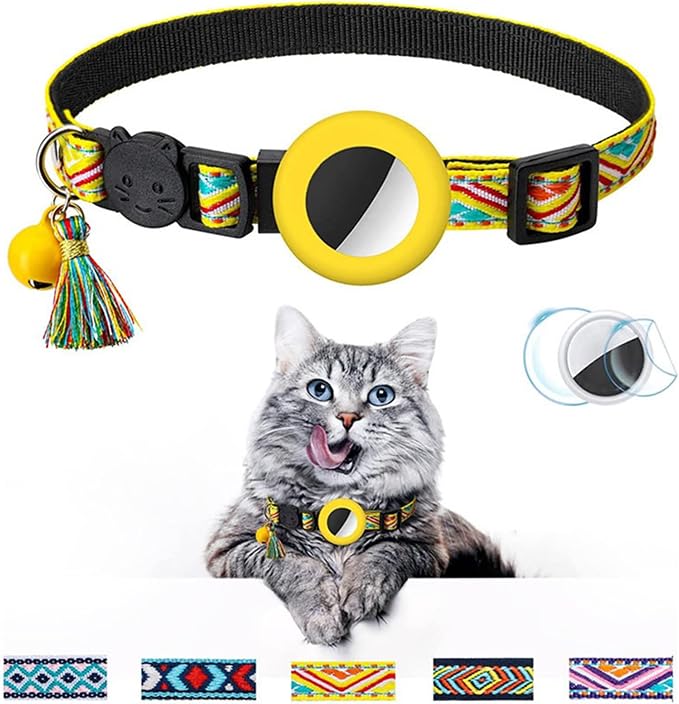 Cat Collar with AirTag Holder – Breakaway Lightweight Woven Cat Collar, Adjustable with Bell for Cats & Kittens ((Sunrise Path) | Amazegoods