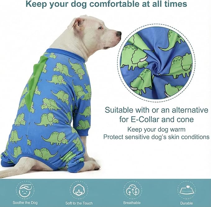 LovinPet Large Dog Pajamas, Four-Leg Stretch Onesie Bodysuit, Lightweight UV-Shielding Pajamas, Anti-Lick Calming Recovery Suit for Surgery, Pull-On for Medium and Large Breeds,Blue Green,3XL