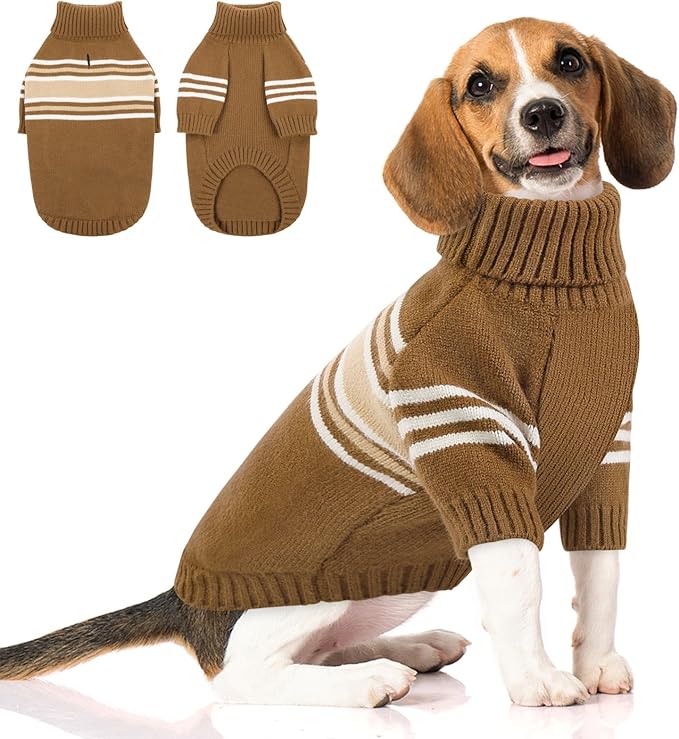 Queenmore Dog Striped Knitted Sweater, Turtleneck Pullover Pet Coat, Dog Winter Clothes with Leash Hole for Small Medium &Large Dogs(Brown,XL)