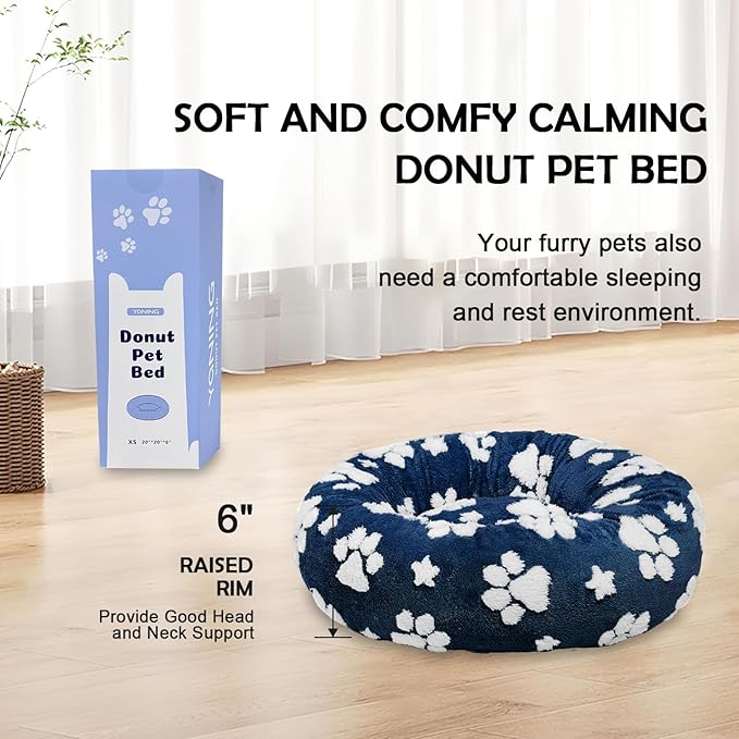 Yaning Donut Dog Beds for Small Dogs, Calming Round Cat Beds for Indoor Cats, Cute 3D Textured Paw Pet Bed with Removable Washable Cover and Anti-Slip Bottom（Navy Blue，20"）