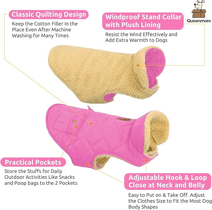 Queenmore Dog Winter Coat - Fleece Jacket, Waterproof Cold Weather Dog Clothes, Thick Warm Cotton Padding, Easy On Storage Pockets (Pink, X-Small)