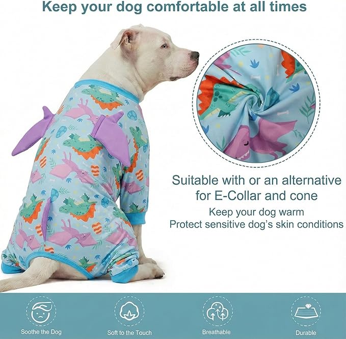 LovinPet Large Dog Pajamas, Four-Leg Stretch Onesie Bodysuit, Lightweight UV-Shielding Pajamas, Anti-Lick Calming Recovery Suit for Surgery, 3D Dino Wing Design with Soft Spikes， Blue Purple， L